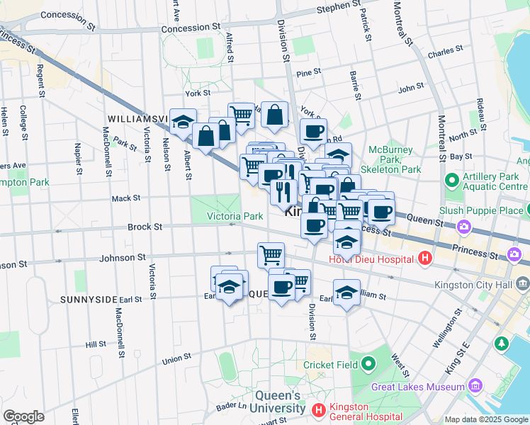map of restaurants, bars, coffee shops, grocery stores, and more near 462 Princess Street in Kingston