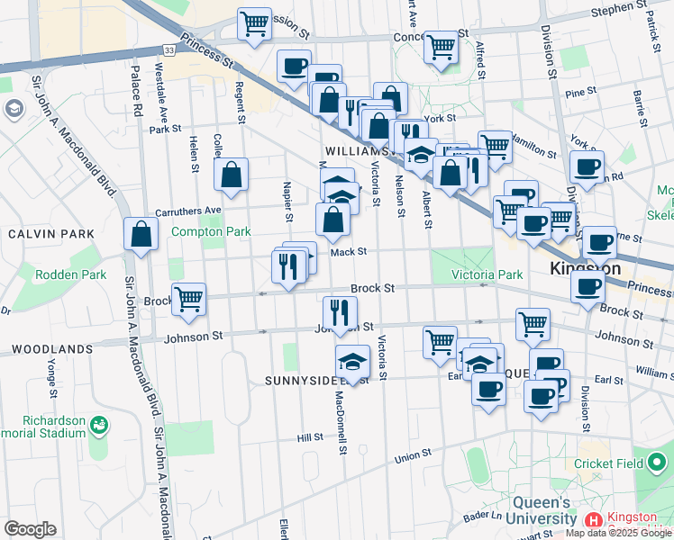 map of restaurants, bars, coffee shops, grocery stores, and more near in Kingston