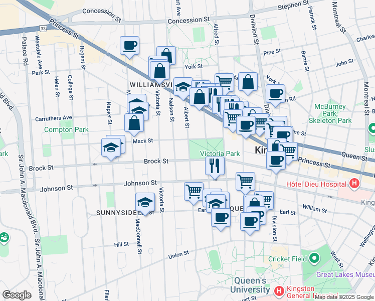 map of restaurants, bars, coffee shops, grocery stores, and more near 386 Albert Street in Kingston