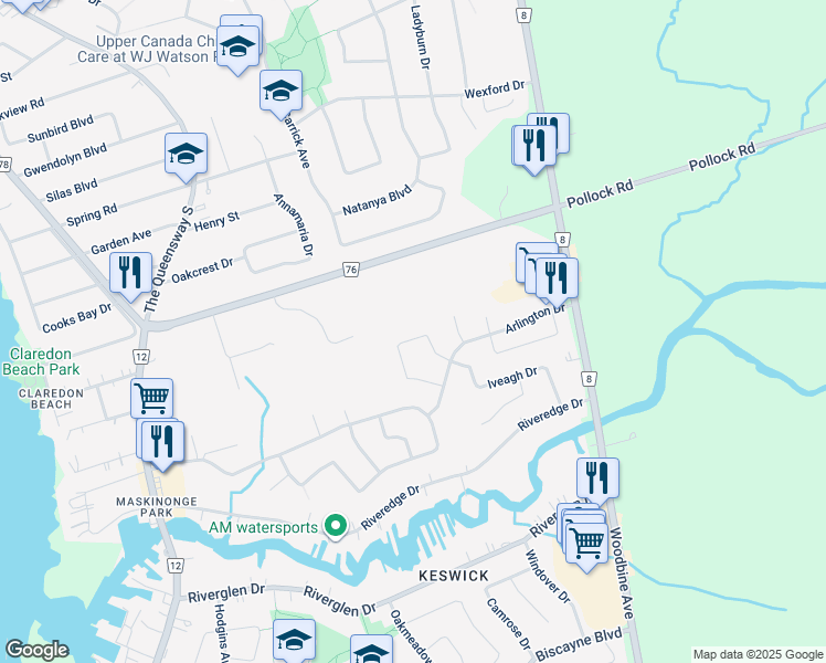 map of restaurants, bars, coffee shops, grocery stores, and more near 56 Saltzburg Crescent in Georgina