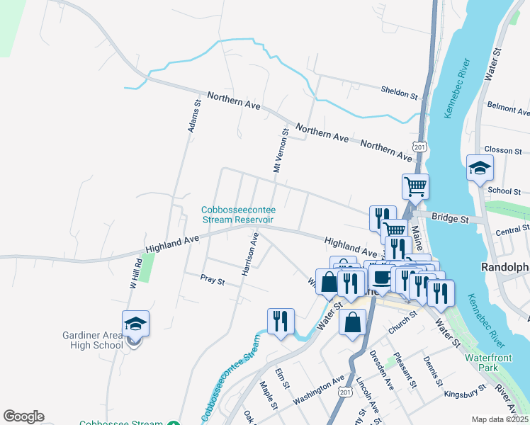 map of restaurants, bars, coffee shops, grocery stores, and more near 12 Mount Vernon Street in Gardiner
