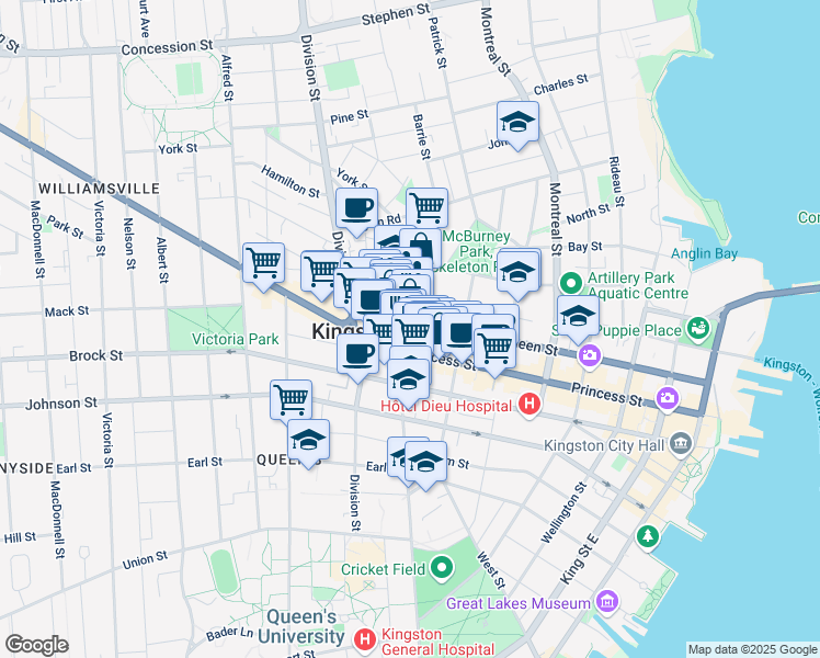 map of restaurants, bars, coffee shops, grocery stores, and more near 275 Queen Street in Kingston