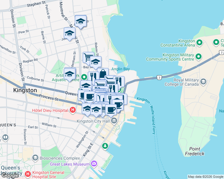 map of restaurants, bars, coffee shops, grocery stores, and more near 33 Barrack Street in Kingston