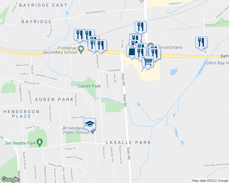 map of restaurants, bars, coffee shops, grocery stores, and more near 451 Abdo Road in Kingston