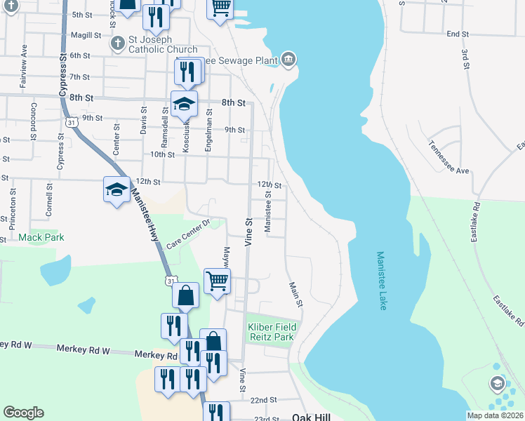 map of restaurants, bars, coffee shops, grocery stores, and more near 1310 Manistee Street in Manistee