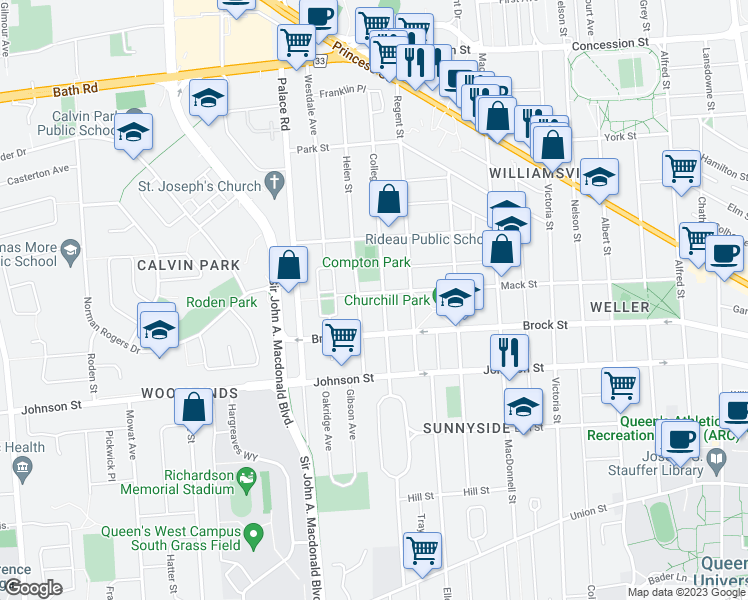 map of restaurants, bars, coffee shops, grocery stores, and more near 344 Mack Street in Kingston