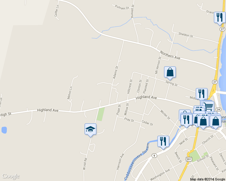 map of restaurants, bars, coffee shops, grocery stores, and more near 21 Adams Street in Gardiner