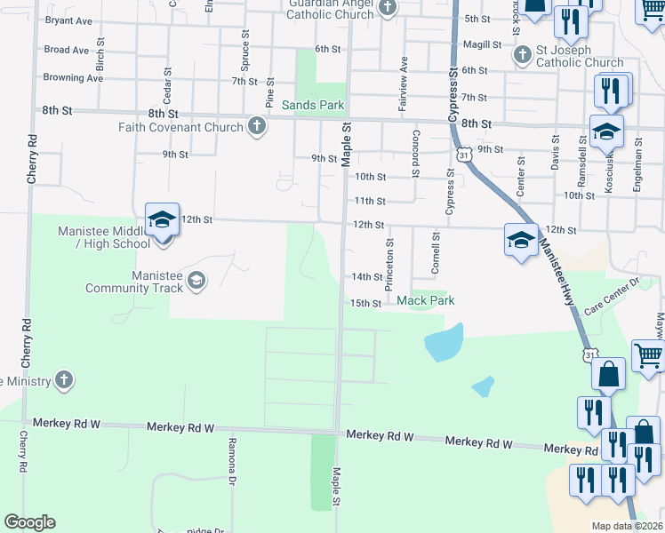 map of restaurants, bars, coffee shops, grocery stores, and more near 1192 Maple Street in Manistee