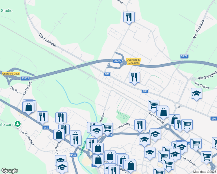 map of restaurants, bars, coffee shops, grocery stores, and more near 3 Via Monte Vodice in Forlì
