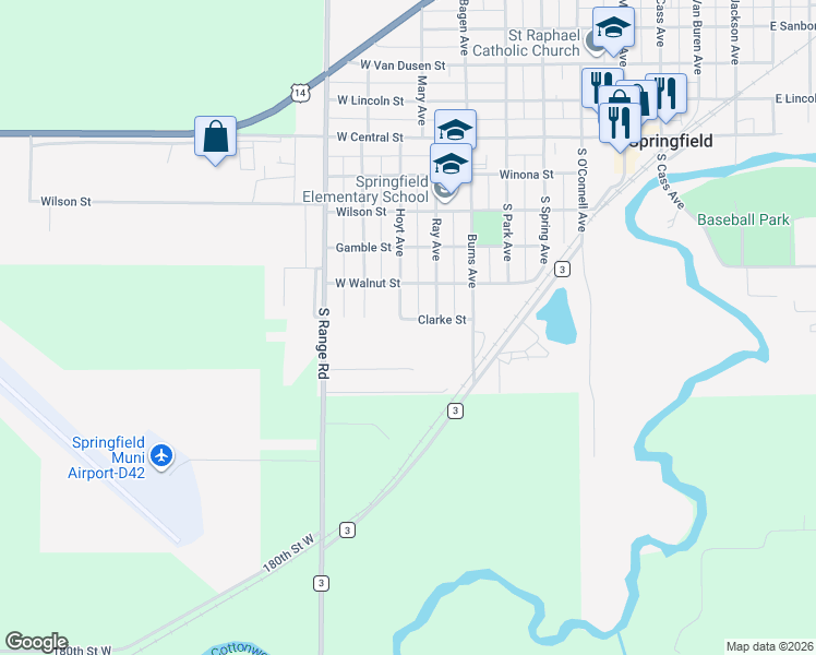 map of restaurants, bars, coffee shops, grocery stores, and more near 521 Clarke Street in Springfield