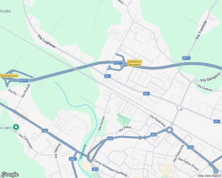 map of restaurants, bars, coffee shops, grocery stores, and more near 3/a Via Monte Vodice in Forlì