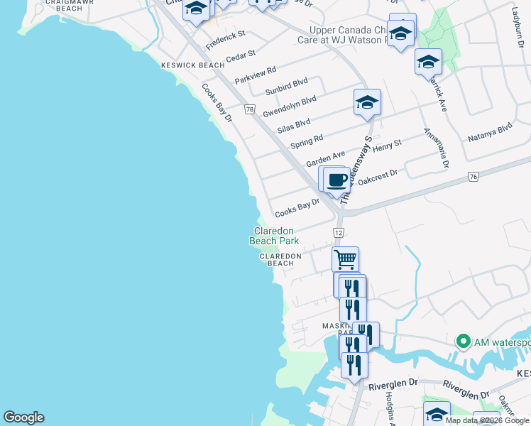 map of restaurants, bars, coffee shops, grocery stores, and more near 132 Cooks Bay Drive in Georgina