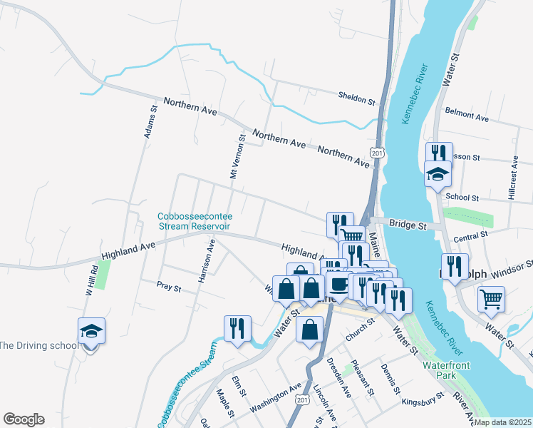 map of restaurants, bars, coffee shops, grocery stores, and more near 17 Autumn Street in Gardiner