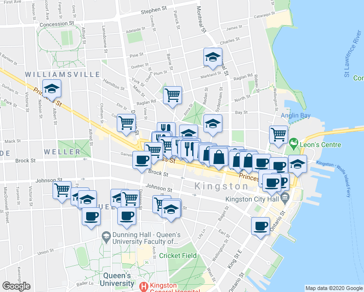 map of restaurants, bars, coffee shops, grocery stores, and more near 337 Princess Street in Kingston