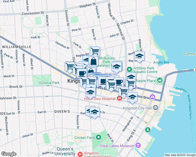 map of restaurants, bars, coffee shops, grocery stores, and more near 255 Queen Street in Kingston