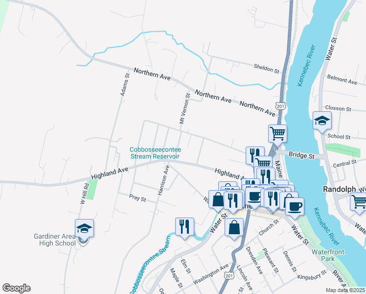 map of restaurants, bars, coffee shops, grocery stores, and more near 23 Mount Vernon Street in Gardiner