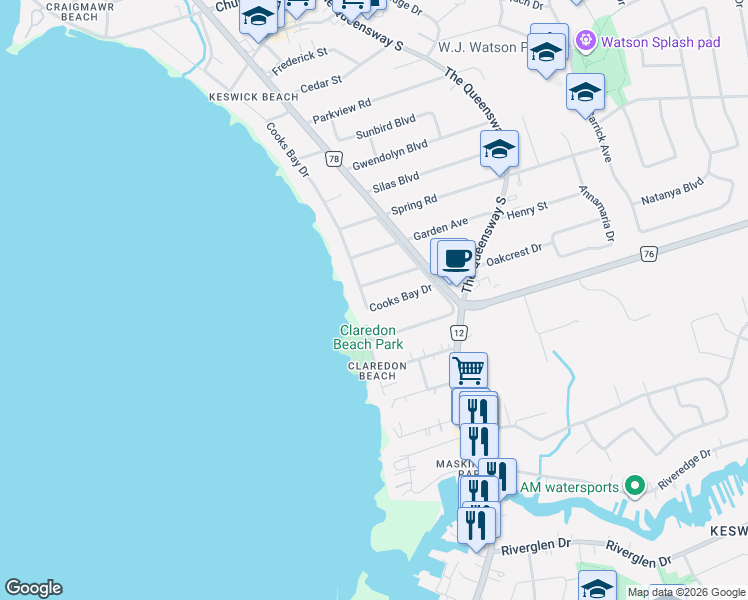 map of restaurants, bars, coffee shops, grocery stores, and more near 133 Cooks Bay Drive in Georgina