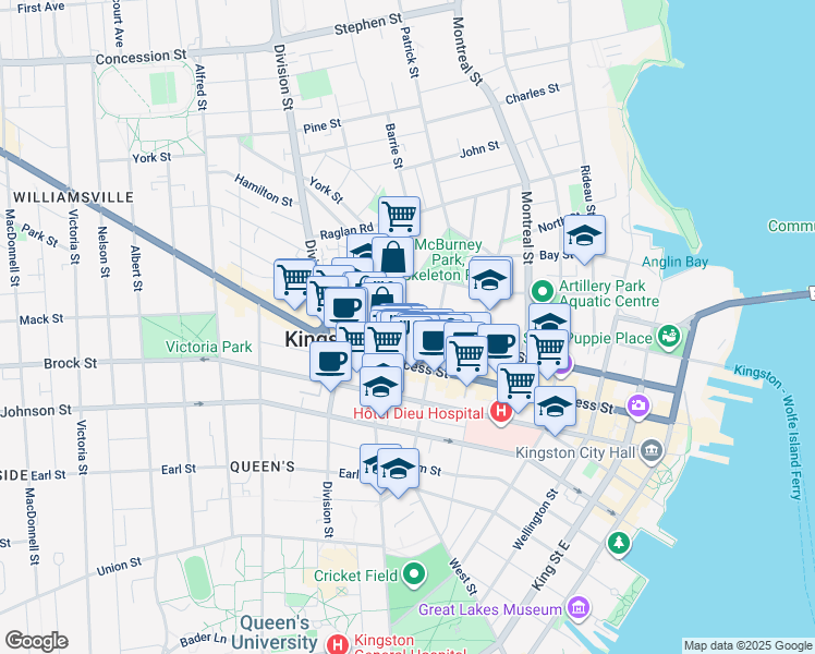 map of restaurants, bars, coffee shops, grocery stores, and more near 337 Princess Street in Kingston