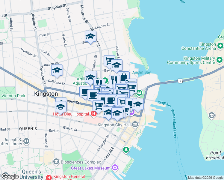 map of restaurants, bars, coffee shops, grocery stores, and more near 119 Barrack Street in Kingston