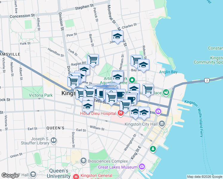 map of restaurants, bars, coffee shops, grocery stores, and more near 14 Colborne Street in Kingston