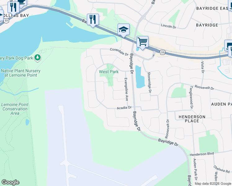 map of restaurants, bars, coffee shops, grocery stores, and more near 1380 Fisher Crescent in Kingston