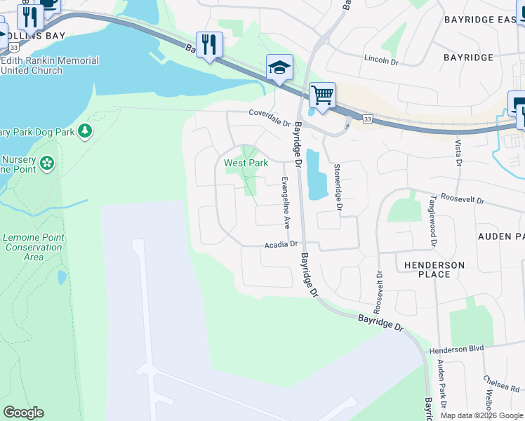 map of restaurants, bars, coffee shops, grocery stores, and more near 1380 Fisher Crescent in Kingston