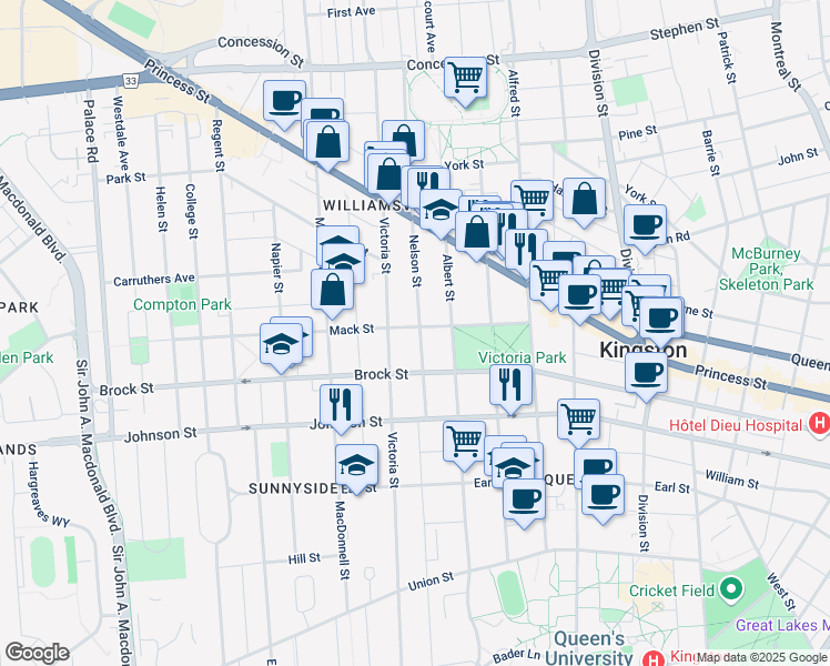 map of restaurants, bars, coffee shops, grocery stores, and more near 69 Nelson Street in Kingston