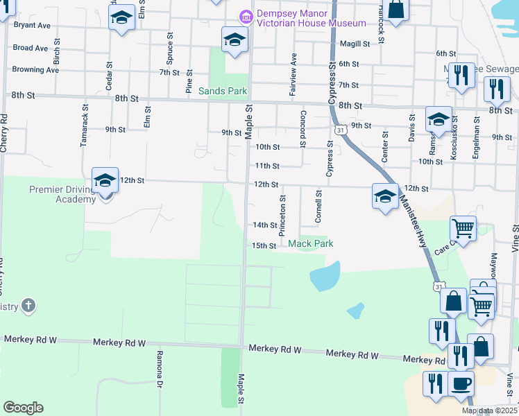 map of restaurants, bars, coffee shops, grocery stores, and more near 948 14th Street in Manistee