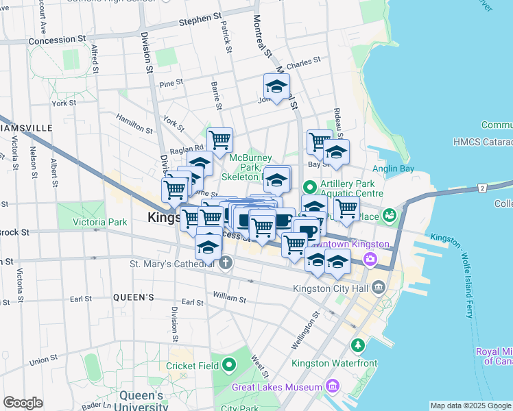 map of restaurants, bars, coffee shops, grocery stores, and more near 26 Colborne Street in Kingston