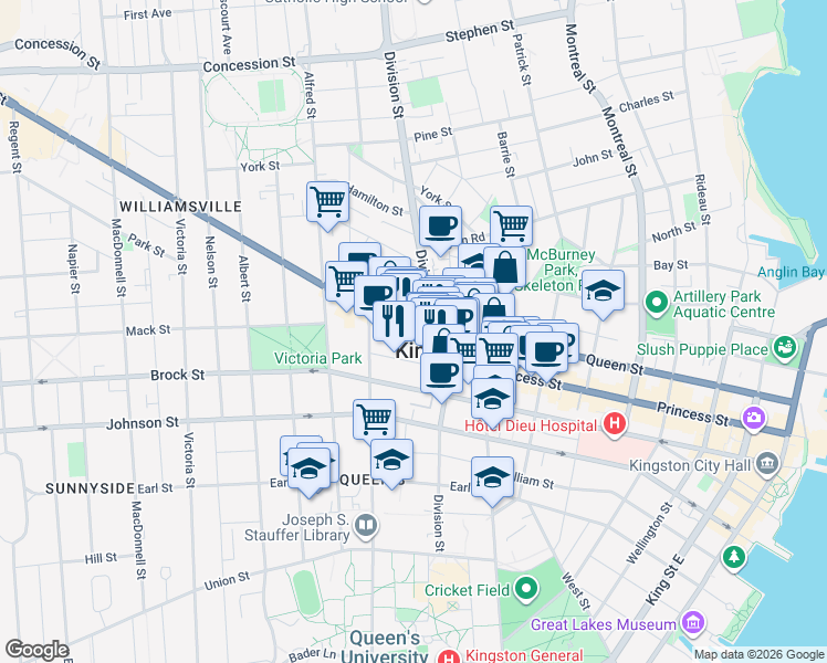 map of restaurants, bars, coffee shops, grocery stores, and more near 449 Princess Street in Kingston