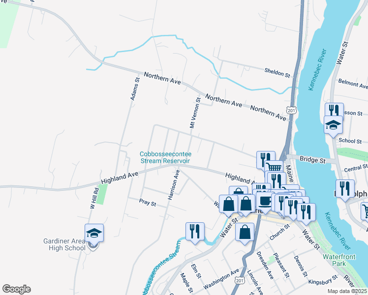 map of restaurants, bars, coffee shops, grocery stores, and more near 12 Mount Vernon Street in Gardiner