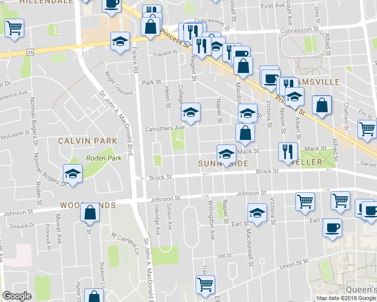 map of restaurants, bars, coffee shops, grocery stores, and more near 344 Mack Street in Kingston