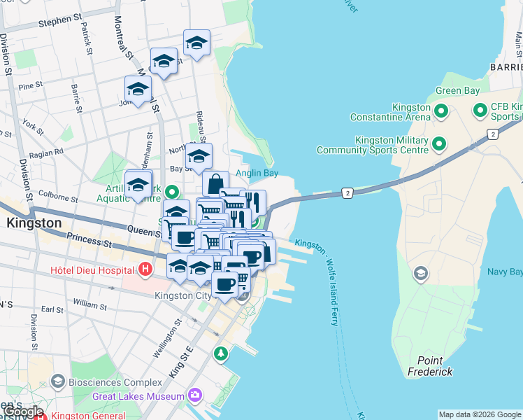 map of restaurants, bars, coffee shops, grocery stores, and more near 1 Place D'Armes in Kingston