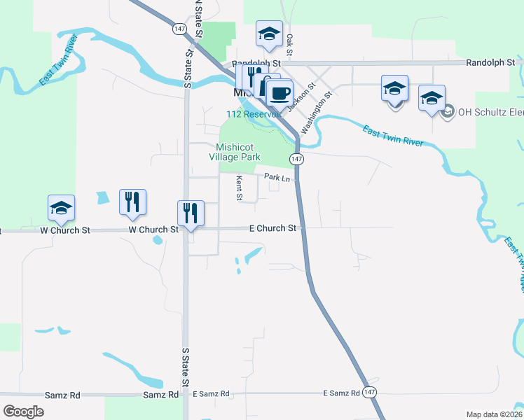 map of restaurants, bars, coffee shops, grocery stores, and more near 327 East Church Street in Mishicot