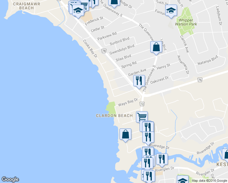 map of restaurants, bars, coffee shops, grocery stores, and more near 132 Cooks Bay Drive in Georgina
