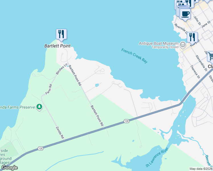 map of restaurants, bars, coffee shops, grocery stores, and more near 126 South Shore Drive in Clayton