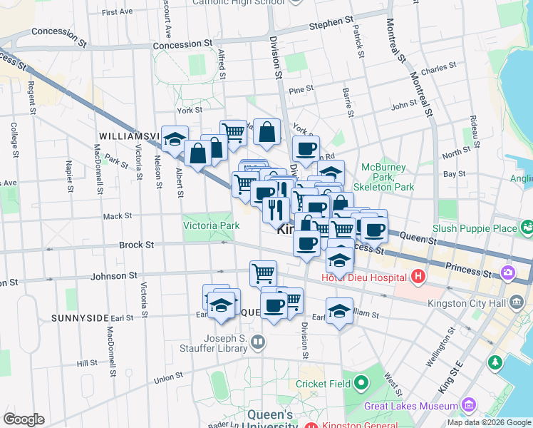 map of restaurants, bars, coffee shops, grocery stores, and more near 333 University Avenue in Kingston