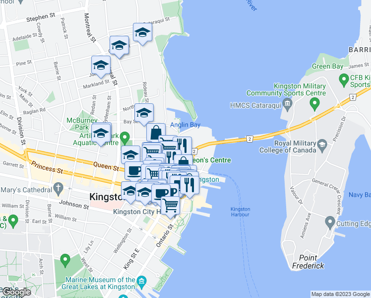 map of restaurants, bars, coffee shops, grocery stores, and more near 1 Armes Square in Kingston