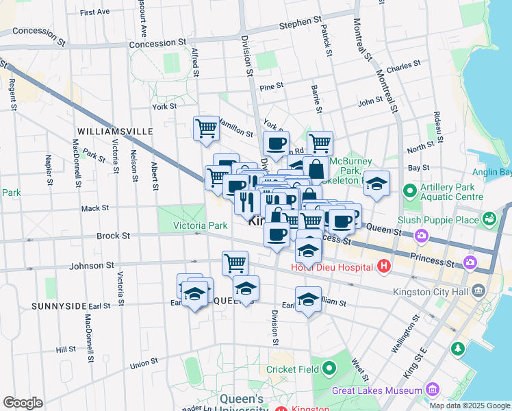 map of restaurants, bars, coffee shops, grocery stores, and more near 455 Princess Street in Kingston