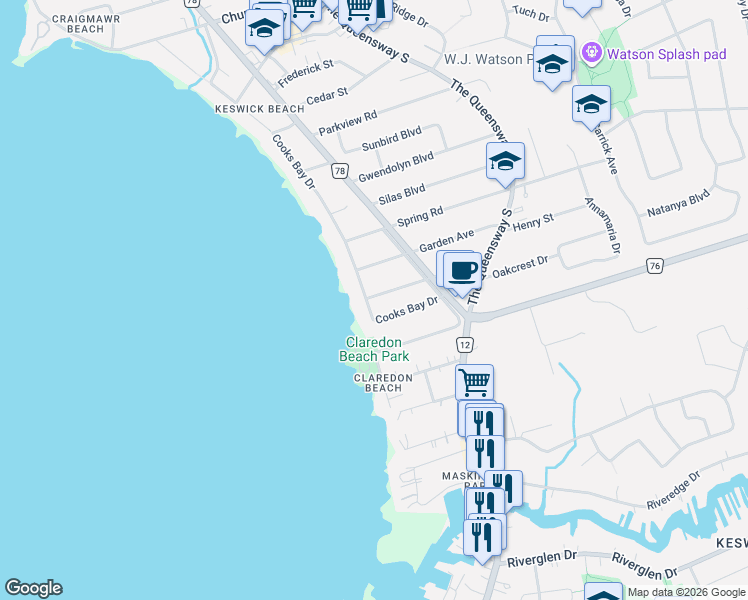 map of restaurants, bars, coffee shops, grocery stores, and more near 205 Beach Road in Georgina