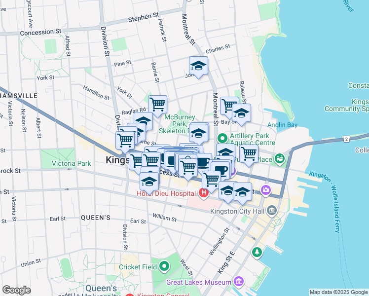 map of restaurants, bars, coffee shops, grocery stores, and more near 269 Princess Street in Kingston
