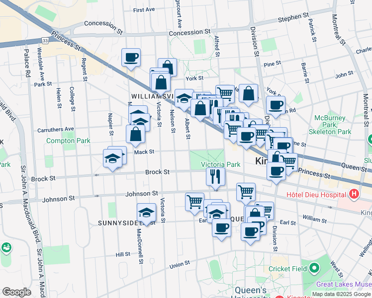 map of restaurants, bars, coffee shops, grocery stores, and more near 386 Albert Street in Kingston