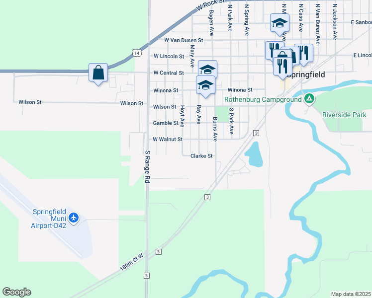 map of restaurants, bars, coffee shops, grocery stores, and more near 521 Clarke Street in Springfield