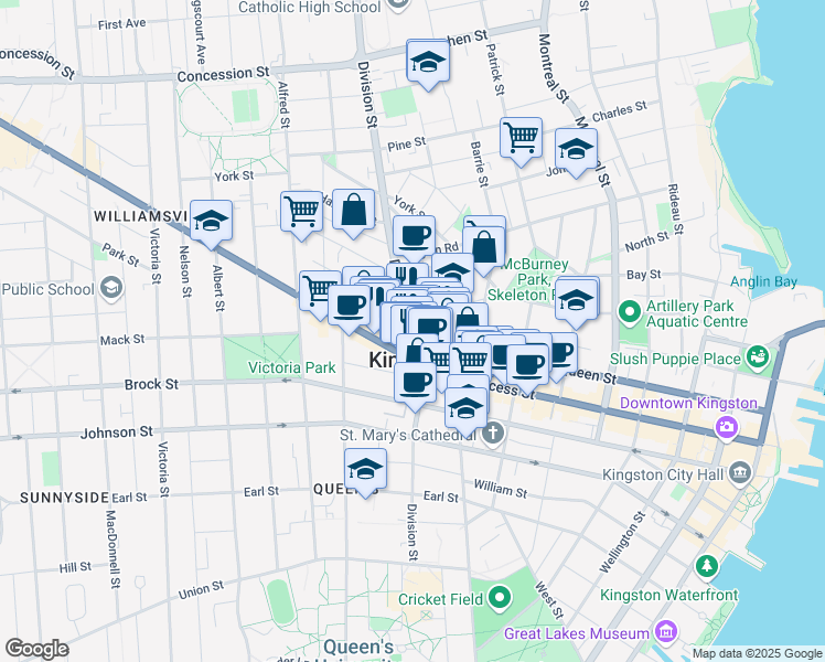 map of restaurants, bars, coffee shops, grocery stores, and more near 335 Queen Street in Kingston