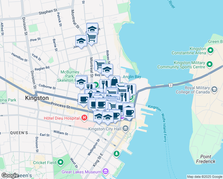 map of restaurants, bars, coffee shops, grocery stores, and more near 8 Rideau Terrace in Kingston