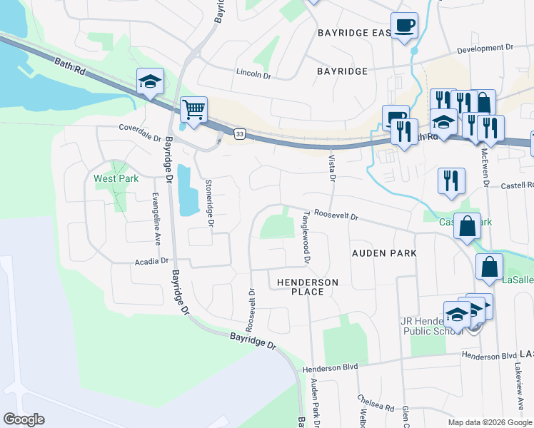 map of restaurants, bars, coffee shops, grocery stores, and more near 605 Roosevelt Drive in Kingston