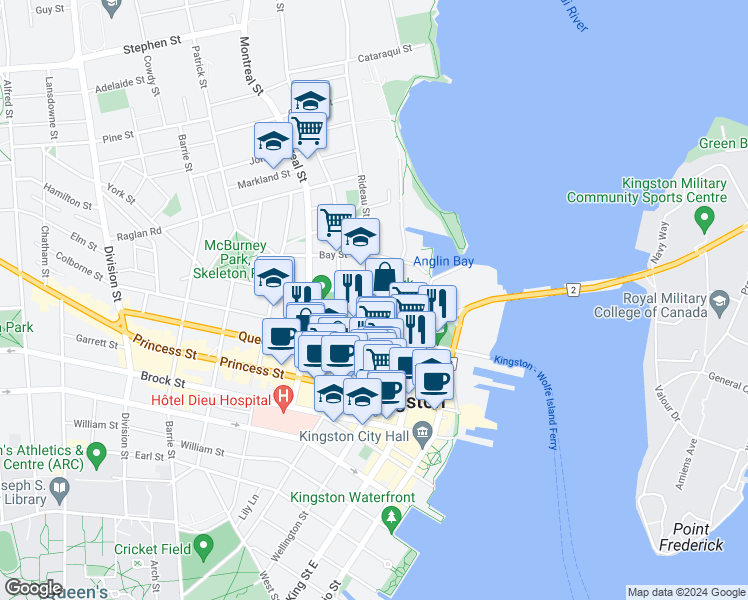 map of restaurants, bars, coffee shops, grocery stores, and more near 33 Rideau Street in Kingston