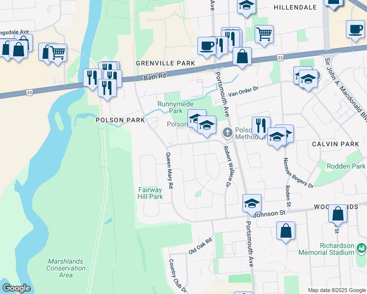 map of restaurants, bars, coffee shops, grocery stores, and more near 206 Robert Wallace Drive in Kingston