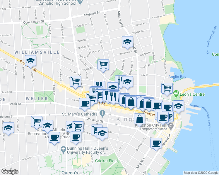 map of restaurants, bars, coffee shops, grocery stores, and more near in Kingston