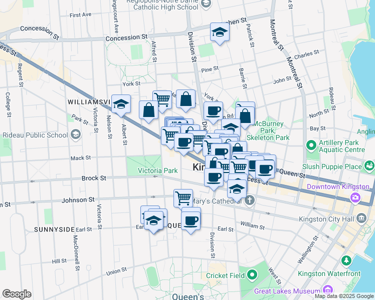 map of restaurants, bars, coffee shops, grocery stores, and more near 495 Princess Street in Kingston
